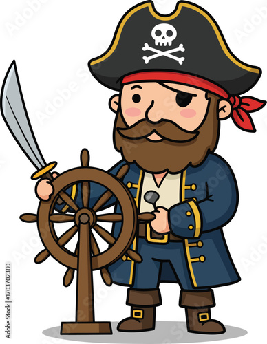 Cartoon Pirate Holding Sword and Wheel	