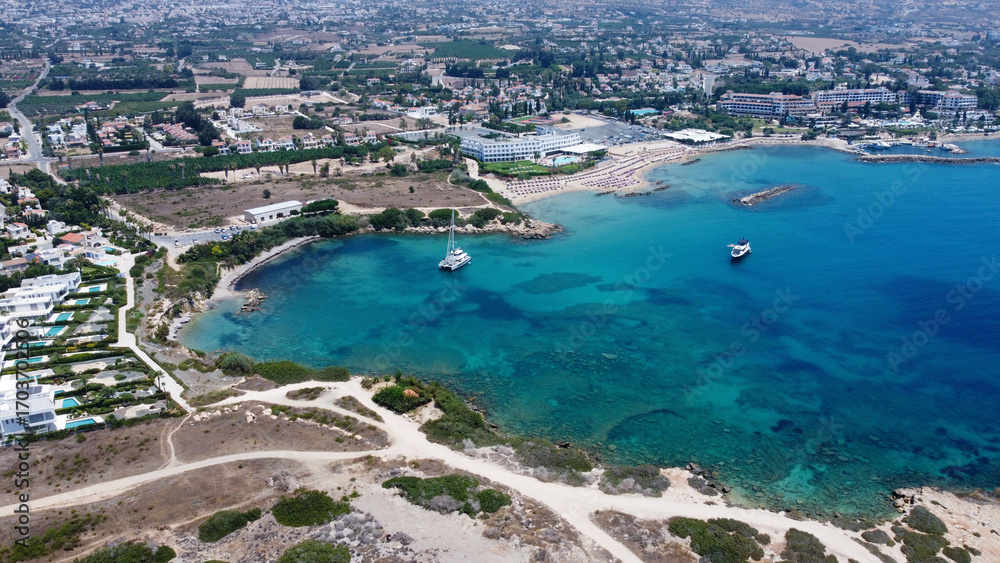 Fototapeta premium Drone view of Peyia on sunny summer day. Cyprus.