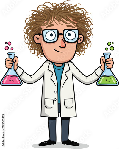 Cartoon Scientist Holding Flasks	