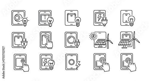 Set of touchscreen interface icons showing user interaction and mobile app features hand drawn sketch style vector