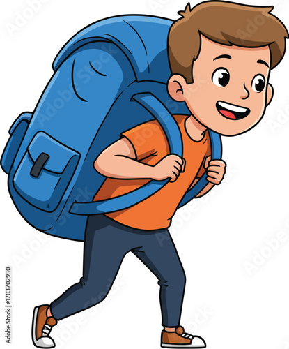 Happy Boy Carrying Large Backpack	