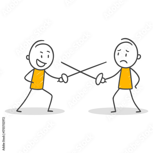 Conflict and exciting moments depicted by two characters engaged in a sword duel.