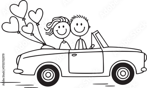 Driving into Happiness: Two stick figures in a convertible car holding heart-shaped balloons, embarking on a journey of love and celebration, capturing the spirit of joy and togetherness
