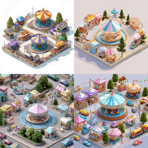 Colorful isometric illustration of amusement park carousels with booths, rides, and visitors, perfect for entertainment, festival, and urban recreation design.