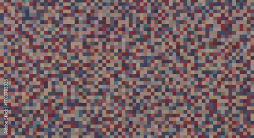 Abstract pixelated background with a random distribution of red, blue, and beige squares creating a textured, mosaic-like effect.