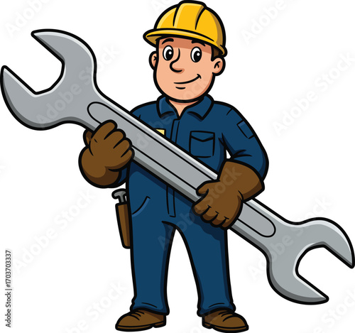 Skilled Mechanic Holding Large Wrench	