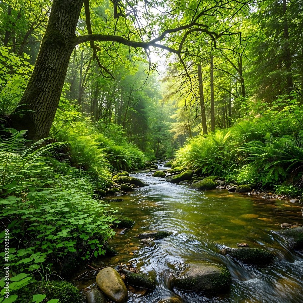 Obraz premium Flowing river in dense green forest