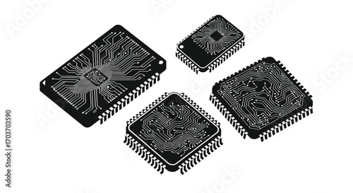 Modern electronic microchip components isolated overhead view technological advance vector