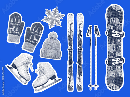 collection of winter elements, ski, snowboard, ice skates, beanie hat, snowflake, mittens, retro halftone style illustration set, collage poster
