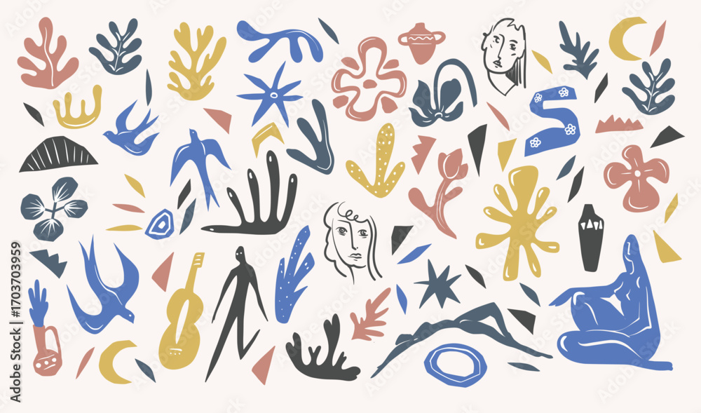 Fototapeta premium Colorful abstract elements with figures, birds and plants. Vector