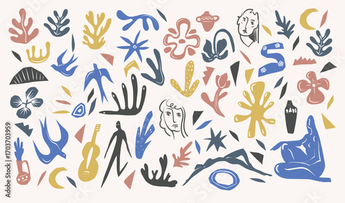 Colorful abstract elements with figures, birds and plants. Vector