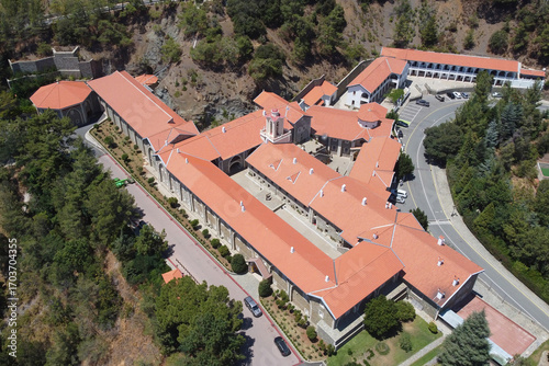 Bird's eye view of Holy Monastery of the Virgin Mary of Kykkos on sunny summer day. Cyprus.