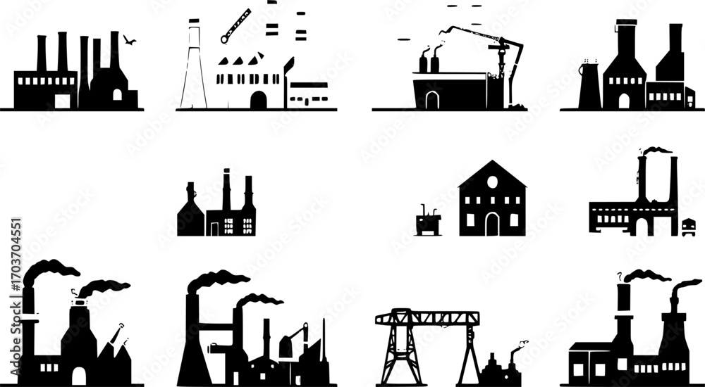 Naklejka premium Industrial flat icon set in black and white style | factory, tools, machinery, engineering symbols.