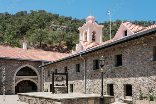 Inside of Holy Monastery of the Virgin Mary of Kykkos on sunny day. Cyprus.