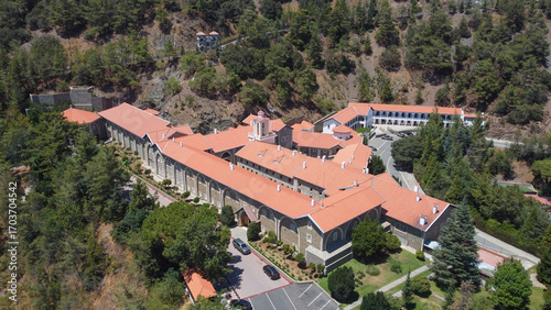 Bird's eye view of Kykkos Monastery on sunny summer day. Cyprus.