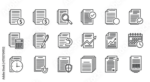 Hand drawn business document icons set financial paperwork audit analysis workflow and calendar icons vector