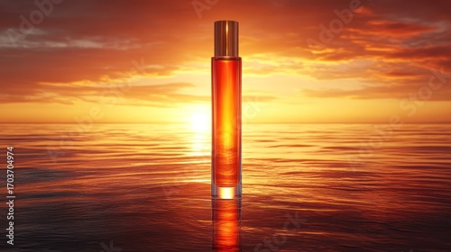 Amber perfume bottle on a fiery sunset ocean