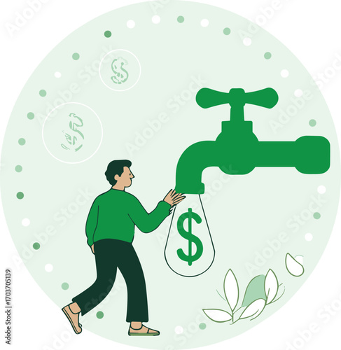 Water tap with dollar symbol, financial savings, money flow, investment management, economy concept, green finance, budget control, wealth, resources