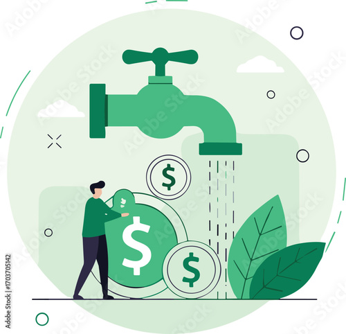 Money faucet concept, financial growth, cash flow investment, dollar coins, passive income, eco green finance, water tap economy, savings strategy