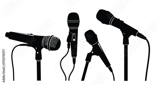Dynamic microphone silhouettes on stands for live performance and recording studio use vector