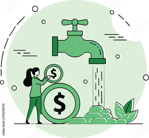 Water tap with dollar coins, financial savings, cash flow, green economy, investment management, wealth growth, eco finance, budget control