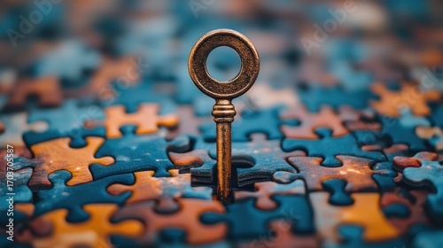 Antique key amidst a jumbled puzzle, suggesting unlocking solutions