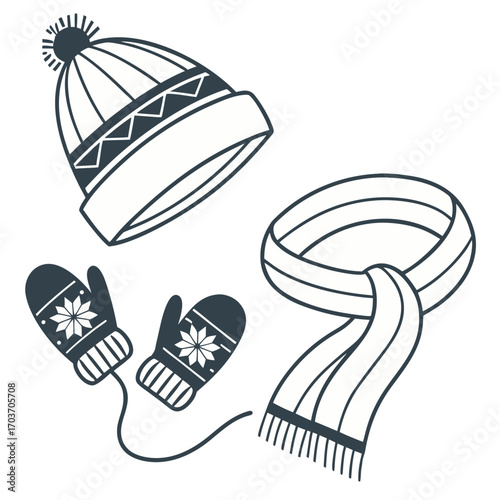 Cold Weather Fashion Icon. A vector graphic of a beanie, scarf, and mittens for winter apparel