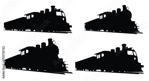 Four silhouette views of classic steam locomotives on tracks ready for travel vector