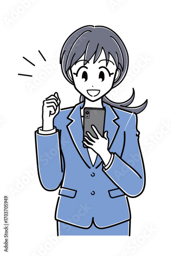 スマートフォンを見ながら拳を握って喜ぶスーツのOLさん（上半身・シンプル）