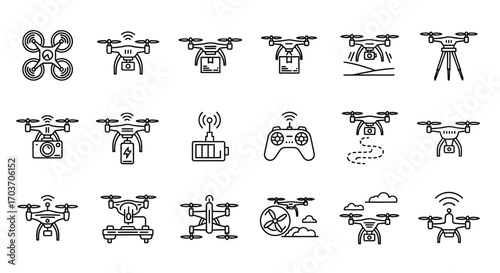 Collection of drone icons featuring various quadcopter designs and accessories for technology concepts vector