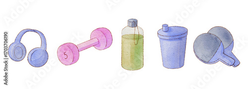 Fitness clipart with dumbbells, resistance bands, water bottles and gym accessories isolated on transparent background PNG