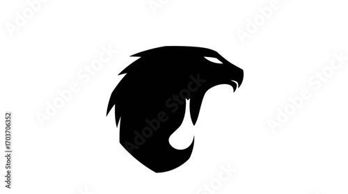 Stylized black silhouette of a mythical beast's head, profile view.