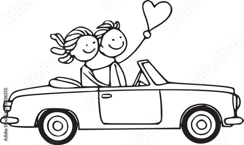 Love in Motion: A whimsical black and white illustration captures a couple in a convertible, with a heart balloon. perfect for projects on relationships, love, and romance.