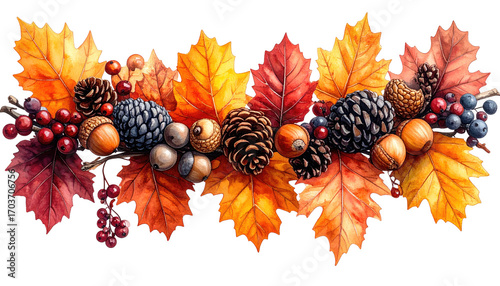 Autumnal garland of fall foliage, fruits, and nuts