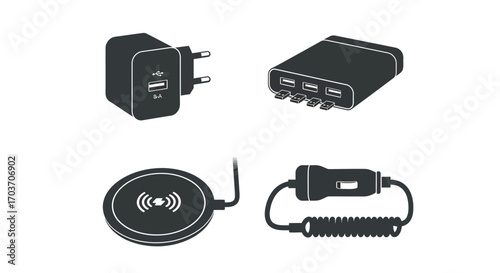 Four automotive electronic accessories power adapters and speakers for vehicles vector