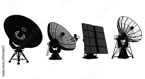 Collection of four diverse satellite dishes and antennas for communication and technology vector