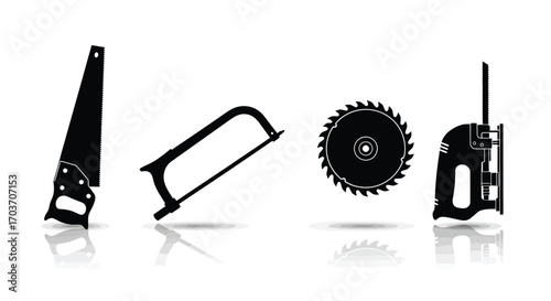 Silhouette collection of hand and power tools for woodworking and construction tasks vector