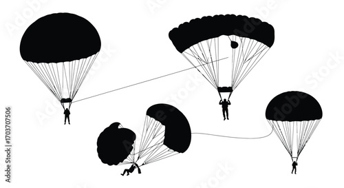 Parachutes descending with skydivers mid-air descent and landing sequence artistic representation vector