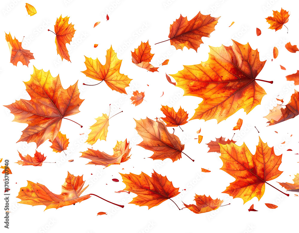 Fototapeta premium Falling autumn leaves in vibrant orange and gold hues