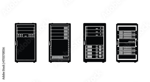 Four vintage computer tower cases showing different front panel designs vector