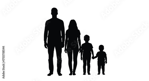 Silhouetted family of four standing together parents and children depicting unity and love vector