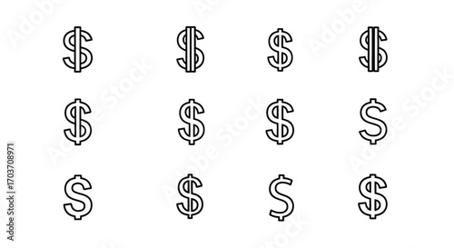 Collection of stylized dollar symbols with detailed line art for financial and business concepts vector