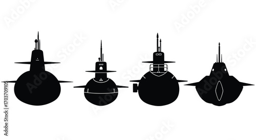Four silhouettes of submarines viewed from the front displaying different designs and sizes vector
