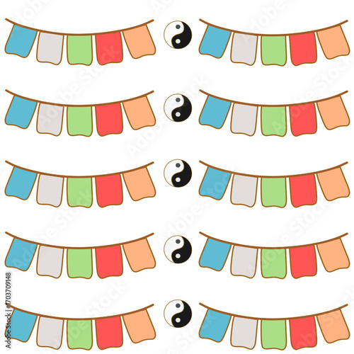 Seamless vector pattern of the Buddhist flag featuring five vibrant colors symbolizing peace, wisdom, and harmony, perfect for spiritual designs, backgrounds, textiles, and cultural projects.