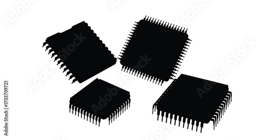 Four black computer microchips with numerous pins arranged in a dynamic composition vector