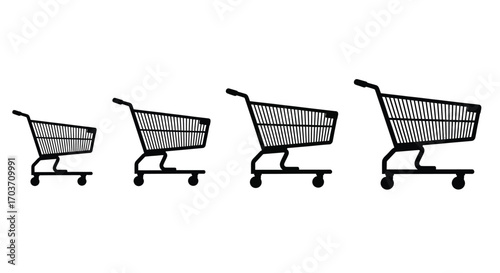 Four shopping carts of increasing size representing growth and scale in retail vector