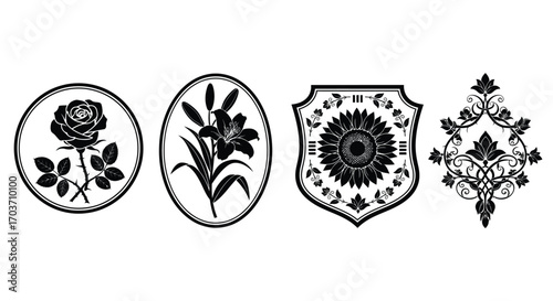 Vintage botanical emblems rose lily floral crest emblem decorative flourish ornaments set vector