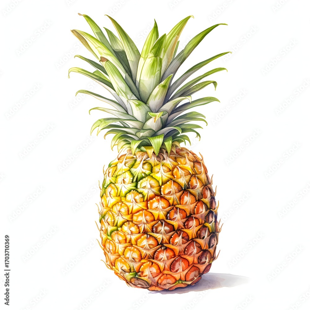 Fototapeta premium The illustration shows a single whole pineapple, its skin displaying shades of yellow and orange, with lush green leaves at its crown.