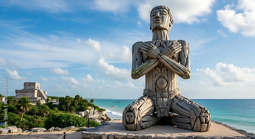 Obraz premium Seated Wooden Statue Overlooking Mayan Ruins and Ocean.