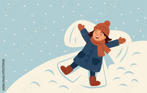 Cute little girl in winter coat making snow angel on snowy day. Warm, cheerful vector illustration for Merry Christmas and Happy New Year greeting cards, winter designs or kids content, social media
